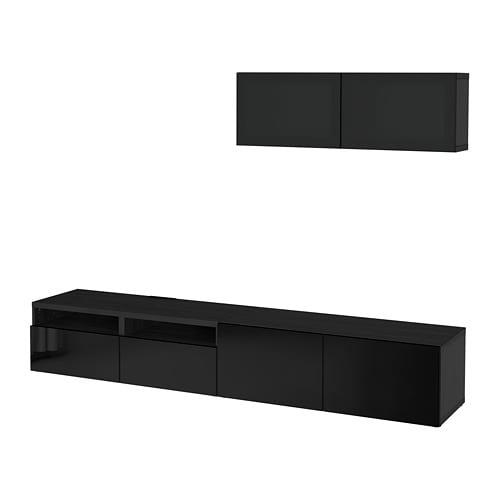 БЕСТО Шкаф для ТВ, комбин/стеклян дверцы - черно-коричневый/Сельсвикен глянцевый/черный дымчатое стекло, направляющие ящика, плавно закр БЕСТО Шкаф для ТВ, комбин/стеклян дверцы - черно-коричневый/Сельсвикен глянцевый/черный дымчатое стекло, направляющие ящика, плавно закр