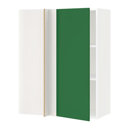 МЕТОД Угловой навесной шкаф с полками - белый, Флэди зеленый, 88x37x100 см