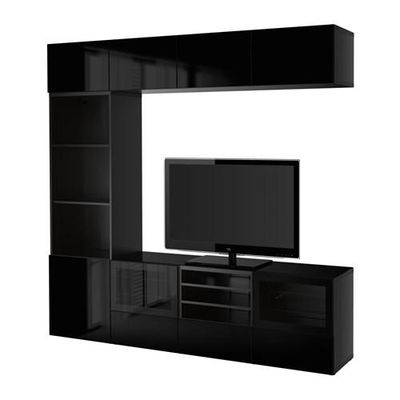 БЕСТО Шкаф для ТВ, комбин/стеклян дверцы - направляющие ящика,нажимные, черно-коричневый/Сельсвикен глянцевый/черный прозрачное стекло