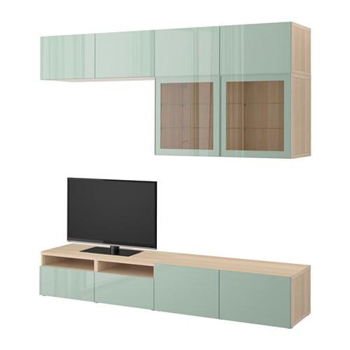 БЕСТО Шкаф для ТВ, комбин/стеклян дверцы - под беленый дуб Сельсвикен/глянцевый/серо-зеленый светлый прозрачное стекло, направляющие ящика,нажимные БЕСТО Шкаф для ТВ, комбин/стеклян дверцы - под беленый дуб Сельсвикен/глянцевый/серо-зеленый светлый прозрачное стекло, направляющие ящика,нажимные