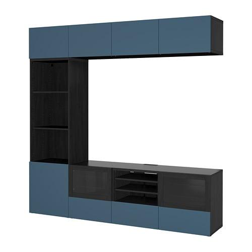 БЕСТО Шкаф для ТВ, комбин/стеклян дверцы - черно-коричневый Вальвикен/темно-синий прозрачное стекло, направляющие ящика, плавно закр БЕСТО Шкаф для ТВ, комбин/стеклян дверцы - черно-коричневый Вальвикен/темно-синий прозрачное стекло, направляющие ящика, плавно закр