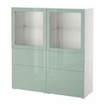 БЕСТО Комбинация д/хранения+стекл дверц - белый Сельсвикен/глянцевый/серо-зеленый светлый прозрачное стекло, направляющие ящика,нажимные