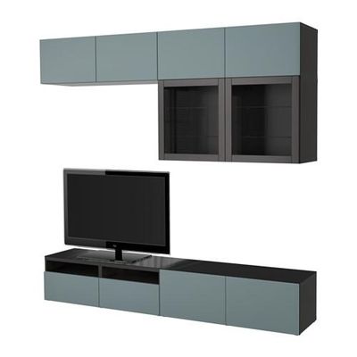 БЕСТО Шкаф для ТВ, комбин/стеклян дверцы - черно-коричневый/Вальвикен серо-бирюзовый, прозрачное стекло, направляющие ящика,нажимные