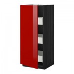 МЕТОД / МАКСИМЕРА Высокий шкаф с ящиками - 60x60x140 см, Рингульт глянцевый красный, под дерево черный