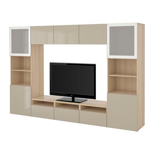 БЕСТО Шкаф для ТВ, комбин/стеклян дверцы - под беленый дуб/Сельсвикен глянцевый/бежевый матовое стекло, направляющие ящика, плавно закр БЕСТО Шкаф для ТВ, комбин/стеклян дверцы - под беленый дуб/Сельсвикен глянцевый/бежевый матовое стекло, направляющие ящика, плавно закр