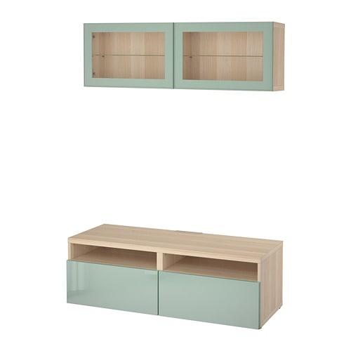 БЕСТО Шкаф для ТВ, комбин/стеклян дверцы - под беленый дуб Сельсвикен/глянцевый/серо-зеленый светлый прозрачное стекло, направляющие ящика, плавно закр БЕСТО Шкаф для ТВ, комбин/стеклян дверцы - под беленый дуб Сельсвикен/глянцевый/серо-зеленый светлый прозрачное стекло, направляющие ящика, плавно закр