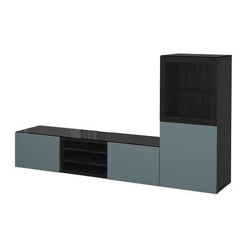 БЕСТО Шкаф для ТВ, комбин/стеклян дверцы - черно-коричневый/Вальвикен серо-бирюзовый, прозрачное стекло, направляющие ящика,нажимные БЕСТО Шкаф для ТВ, комбин/стеклян дверцы - черно-коричневый/Вальвикен серо-бирюзовый, прозрачное стекло, направляющие ящика,нажимные