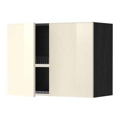 МЕТОД Навесной шкаф с посуд суш/2 дврц - 80x60 см, Рингульт глянцевый кремовый, под дерево черный