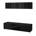 БЕСТО Шкаф для ТВ, комбин/стеклян дверцы - черно-коричневый глянцевый/черный дымчатое стекло, направляющие ящика,нажимные