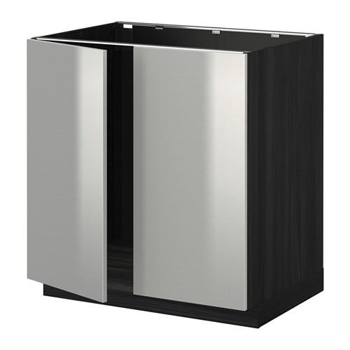 METOD напольн шкаф д раковины+2 двери черный/Гревста нержавеющ сталь 80x60 см
