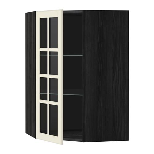 МЕТОД Углов навесн шк с полками/сткл дв - под дерево черный, Будбин белый с оттенком, 68x100 см