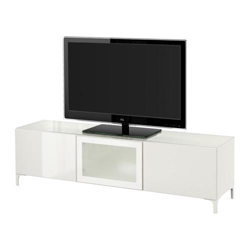 БЕСТО Тумба под ТВ, с дверцами - белый/Сельсвикен глянцевый/белый матовое стекло, 180x40x38 см, направляющие ящика,нажимные