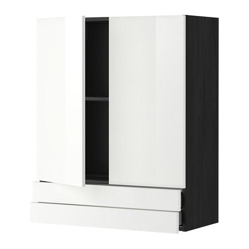 МЕТОД / МАКСИМЕРА Навесной шкаф/2дверцы/2ящика - под дерево черный, Рингульт глянцевый белый, 80x100 см