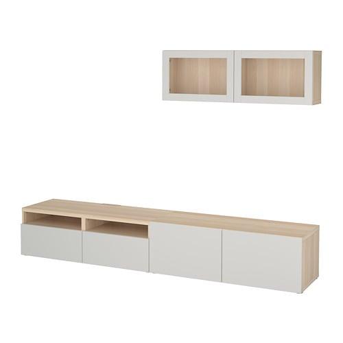 БЕСТО Шкаф для ТВ, комбин/стеклян дверцы - под беленый дуб/Лаппвикен светло-серый прозрачное стекло, направляющие ящика, плавно закр БЕСТО Шкаф для ТВ, комбин/стеклян дверцы - под беленый дуб/Лаппвикен светло-серый прозрачное стекло, направляющие ящика, плавно закр