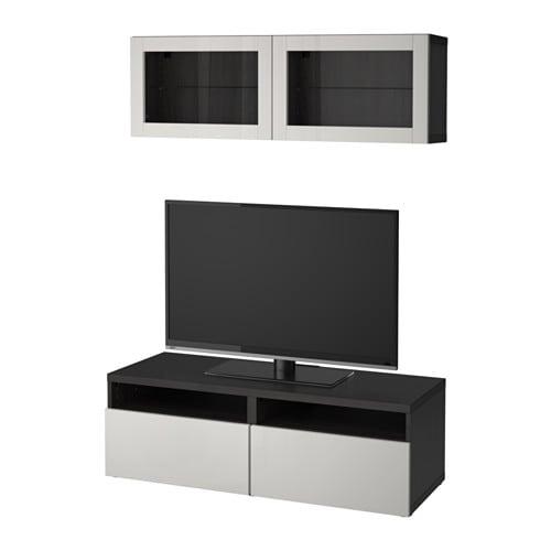 БЕСТО Шкаф для ТВ, комбин/стеклян дверцы - черно-коричневый Лаппвикен/светло-серый прозрачное стекло, направляющие ящика,нажимные