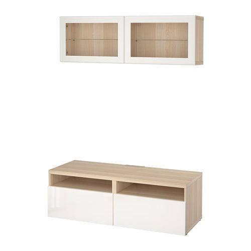 БЕСТО Шкаф для ТВ, комбин/стеклян дверцы - под беленый дуб/Сельсвикен глянцевый/белый прозрачное стекло, направляющие ящика, плавно закр