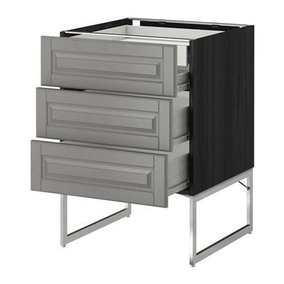 МЕТОД / ФОРВАРА Напольн шкаф 3фронт пнл/2низ/2ср ящ - 60x60x60 см, Будбин серый, под дерево черный МЕТОД / ФОРВАРА Напольн шкаф 3фронт пнл/2низ/2ср ящ - 60x60x60 см, Будбин серый, под дерево черный