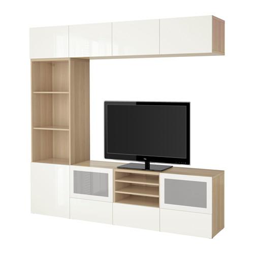 БЕСТО Шкаф для ТВ, комбин/стеклян дверцы - под беленый дуб/Сельсвикен глянцевый/белый матовое стекло, направляющие ящика,нажимные