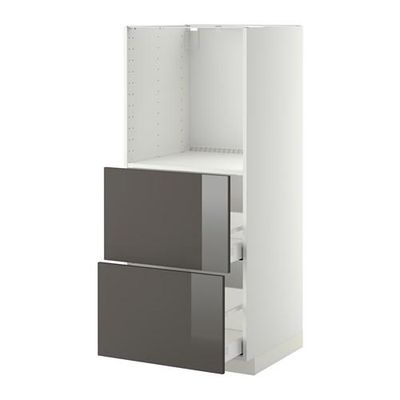 МЕТОД / МАКСИМЕРА Высокий шкаф с 2 ящиками д/духовки - Рингульт глянцевый серый, белый