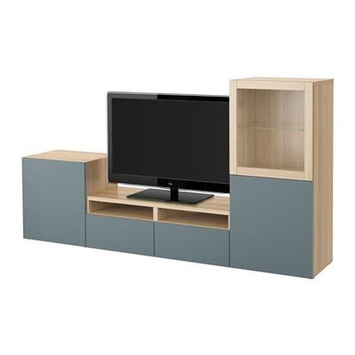 БЕСТО Шкаф для ТВ, комбин/стеклян дверцы - под беленый дуб/Вальвикен серо-бирюзовый, прозрачное стекло, направляющие ящика,нажимные