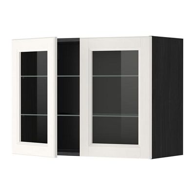 МЕТОД Навесной шкаф с полками/2 стекл дв - 80x60 см, Лаксарби белый, под дерево черный МЕТОД Навесной шкаф с полками/2 стекл дв - 80x60 см, Лаксарби белый, под дерево черный