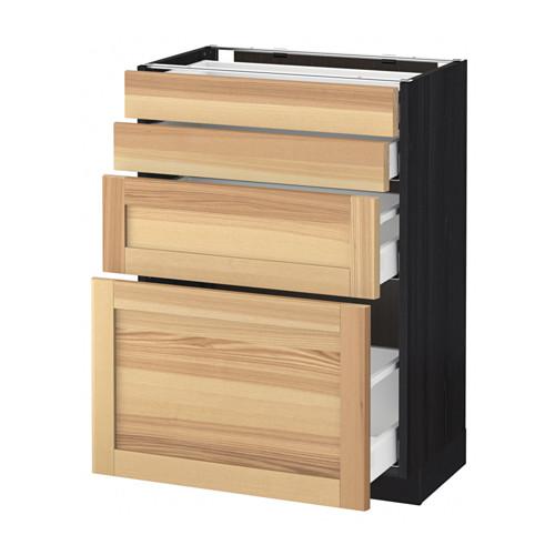 МЕТОД / МАКСИМЕРА Напольн шкаф 4 фронт панели/4 ящика - под дерево черный, Торхэмн естественный ясень, 60x37 см
