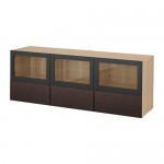 БЕСТО Тумба под ТВ, с дверцами и ящиками - под беленый дуб Синдвик/Инвикен черно-коричневый прозрачное стекло, направляющие ящика,нажимные