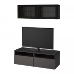 БЕСТО Шкаф для ТВ, комбин/стеклян дверцы - черно-коричневый Грундсвикен/темно-серый прозрачное стекло, направляющие ящика,нажимные