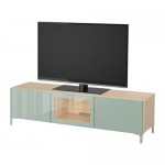 БЕСТО Тумба под ТВ с ящиками и дверцей - под беленый дуб Сельсвикен/глянцевый/серо-зеленый светлый прозрачное стекло, направляющие ящика,нажимные