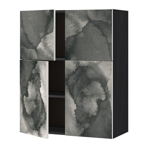 МЕТОД Навесной шкаф с полками/4дверцы - под дерево черный, Кальвиа с печатным рисунком