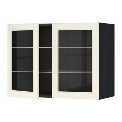 МЕТОД Навесной шкаф с полками/2 стекл дв - 80x60 см, Хитарп белый с оттенком, под дерево черный