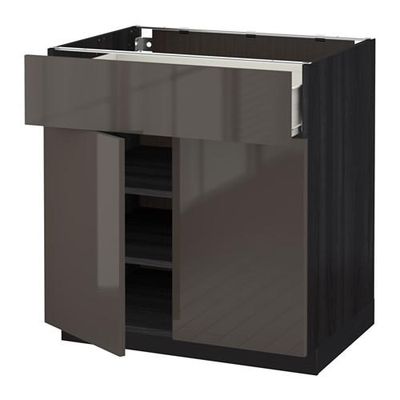 МЕТОД / ФОРВАРА Напольный шкаф+ящик/2дверцы - 80x60 см, Рингульт глянцевый серый, под дерево черный
