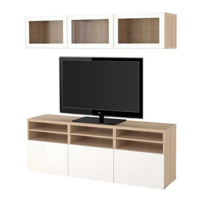 БЕСТО Шкаф для ТВ, комбин/стеклян дверцы - под беленый дуб/Сельсвикен глянцевый/белый прозрачное стекло, направляющие ящика,нажимные БЕСТО Шкаф для ТВ, комбин/стеклян дверцы - под беленый дуб/Сельсвикен глянцевый/белый прозрачное стекло, направляющие ящика,нажимные