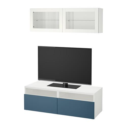 БЕСТО Шкаф для ТВ, комбин/стеклян дверцы - белый Вальвикен/темно-синий прозрачное стекло, направляющие ящика,нажимные