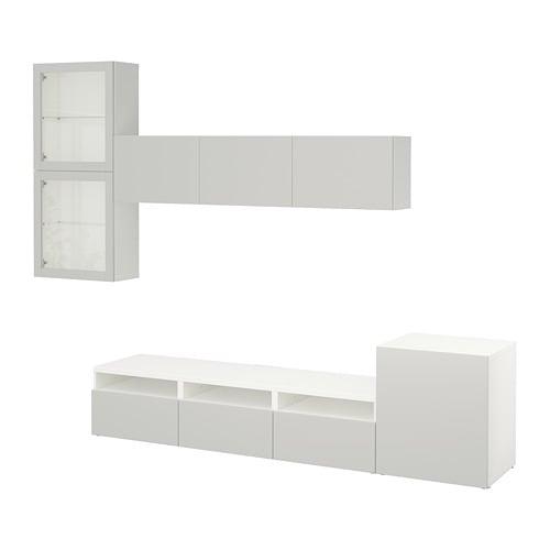 БЕСТО Шкаф для ТВ, комбин/стеклян дверцы - белый/Лаппвикен светло-серый прозрачное стекло, направляющие ящика, плавно закр