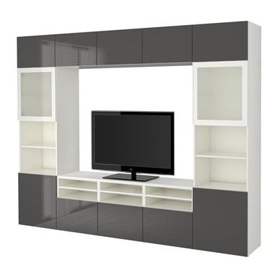 БЕСТО Шкаф для ТВ, комбин/стеклян дверцы - белый/Сельсвикен глянцевый/серый матовое стекло, направляющие ящика,нажимные БЕСТО Шкаф для ТВ, комбин/стеклян дверцы - белый/Сельсвикен глянцевый/серый матовое стекло, направляющие ящика,нажимные