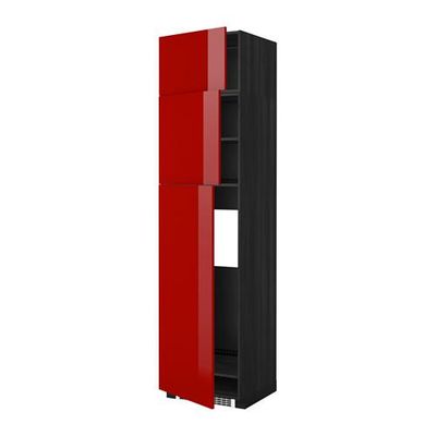 МЕТОД Высокий шкаф д/холодильника/3дверцы - Рингульт глянцевый красный, под дерево черный
