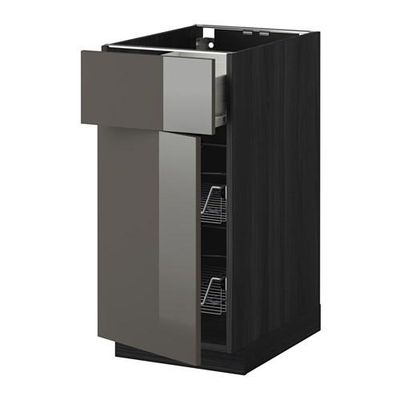 МЕТОД / ФОРВАРА Напольн шкаф с пров корз/ящ/дверью - 40x60 см, Рингульт глянцевый серый, под дерево черный