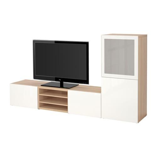 БЕСТО Шкаф для ТВ, комбин/стеклян дверцы - под беленый дуб/Сельсвикен глянцевый/белый матовое стекло, направляющие ящика, плавно закр