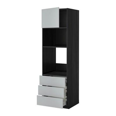 МЕТОД / МАКСИМЕРА Высок шкаф д/духовки/СВЧ/дверца/3ящ - 60x60x200 см, Веддинге серый, под дерево черный