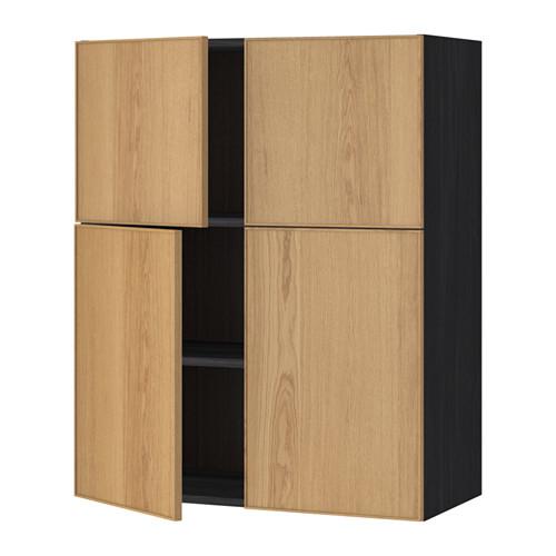 МЕТОД Навесной шкаф с полками/4дверцы - под дерево черный, Экестад дуб МЕТОД Навесной шкаф с полками/4дверцы - под дерево черный, Экестад дуб