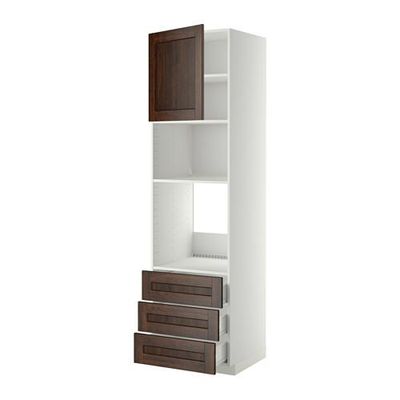 МЕТОД / ФОРВАРА Высок шкаф д/духовки/СВЧ/дверца/3ящ - 60x60x220 см, Эдсерум под дерево коричневый, белый