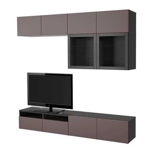 БЕСТО Шкаф для ТВ, комбин/стеклян дверцы - черно-коричневый/Вальвикен темно-коричневый, прозрачное стекло, направляющие ящика,нажимные