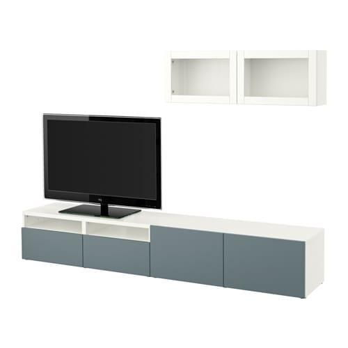 БЕСТО Шкаф для ТВ, комбин/стеклян дверцы - белый/Вальвикен серо-бирюзовый, прозрачное стекло, направляющие ящика, плавно закр БЕСТО Шкаф для ТВ, комбин/стеклян дверцы - белый/Вальвикен серо-бирюзовый, прозрачное стекло, направляющие ящика, плавно закр