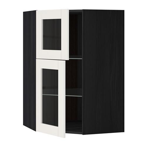 МЕТОД Углов навесной шкаф+полки/2 сткл дв - под дерево черный, Сэведаль белый МЕТОД Углов навесной шкаф+полки/2 сткл дв - под дерево черный, Сэведаль белый