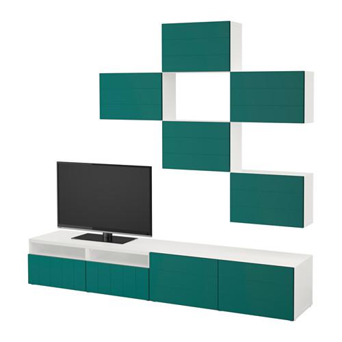 БЕСТО Шкаф для ТВ, комбинация - белый/Халлставик сине-зеленый, направляющие ящика,нажимные