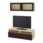 БЕСТО Шкаф для ТВ, комбин/стеклян дверцы - под беленый дуб/Инвикен черно-коричневый прозрачное стекло, направляющие ящика, плавно закр