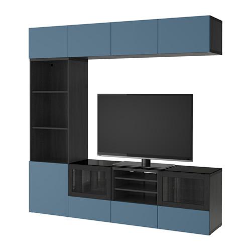 БЕСТО Шкаф для ТВ, комбин/стеклян дверцы - черно-коричневый Вальвикен/темно-синий прозрачное стекло, направляющие ящика,нажимные БЕСТО Шкаф для ТВ, комбин/стеклян дверцы - черно-коричневый Вальвикен/темно-синий прозрачное стекло, направляющие ящика,нажимные