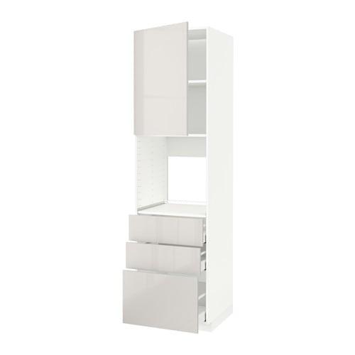 МЕТОД / МАКСИМЕРА Высокий шкаф д/духовки/дверь/3ящика - белый, Рингульт глянцевый светло-серый, 60x60x220 см