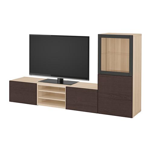 БЕСТО Шкаф для ТВ, комбин/стеклян дверцы - под беленый дуб/Инвикен черно-коричневый прозрачное стекло, направляющие ящика, плавно закр